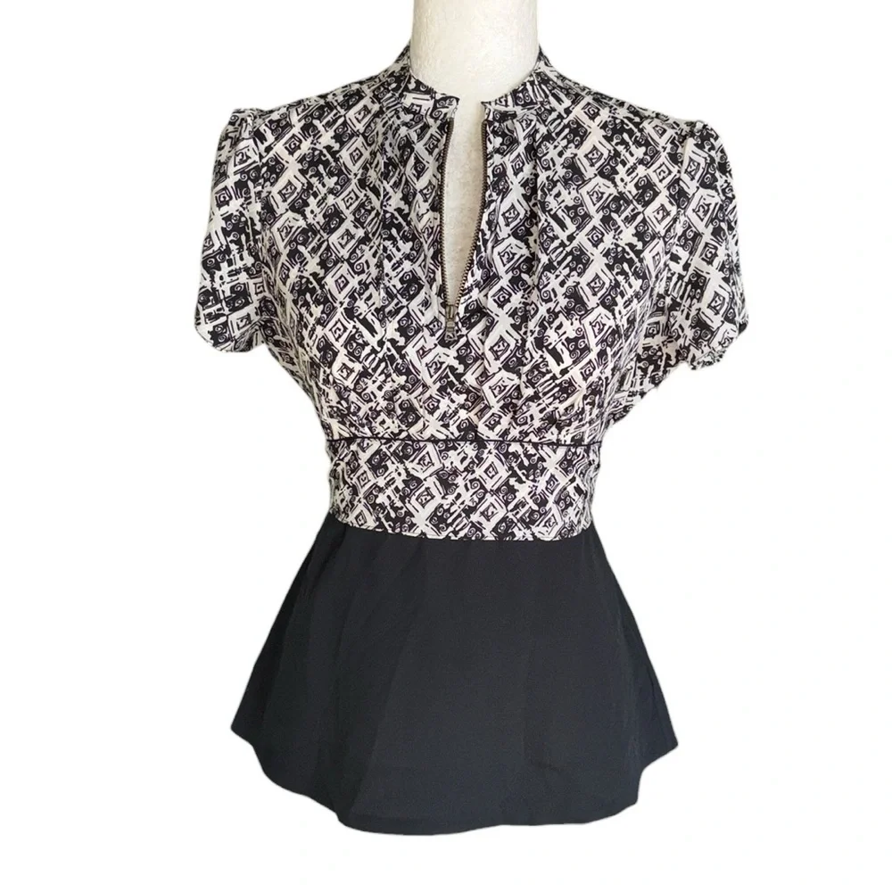 LN Anthropologie Girls From Savoy Black & White Bow Tie Back Peplum Blouse - 4